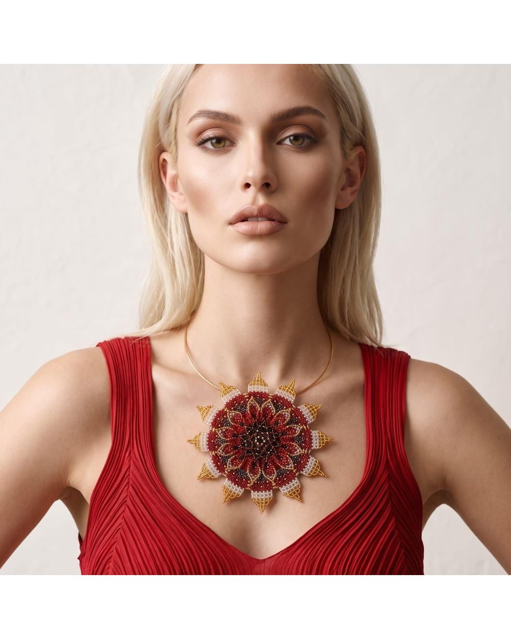 Iliana Arrazola Red Flower Choker, Glass Beads, Beaded Jewelry