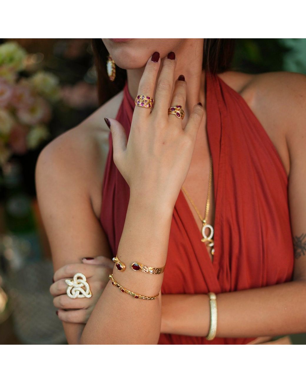 Ebru Jewelry Metallic Ruby-Studded Twisted Gold Cuff Bracelet