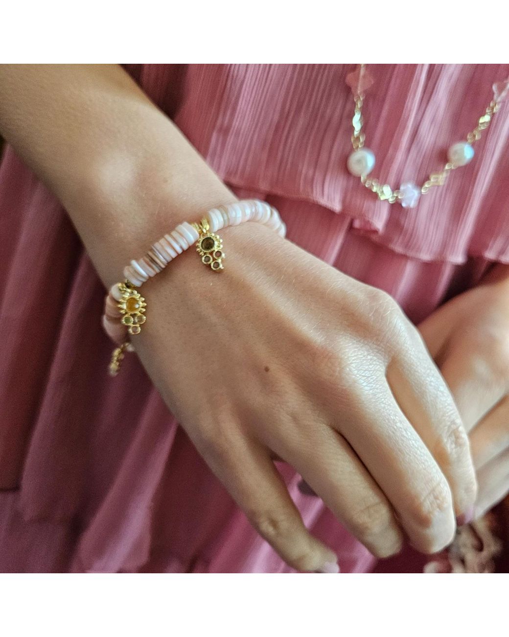 Farra Pink Bohemian Shell With Gemstone Charms Bracelet