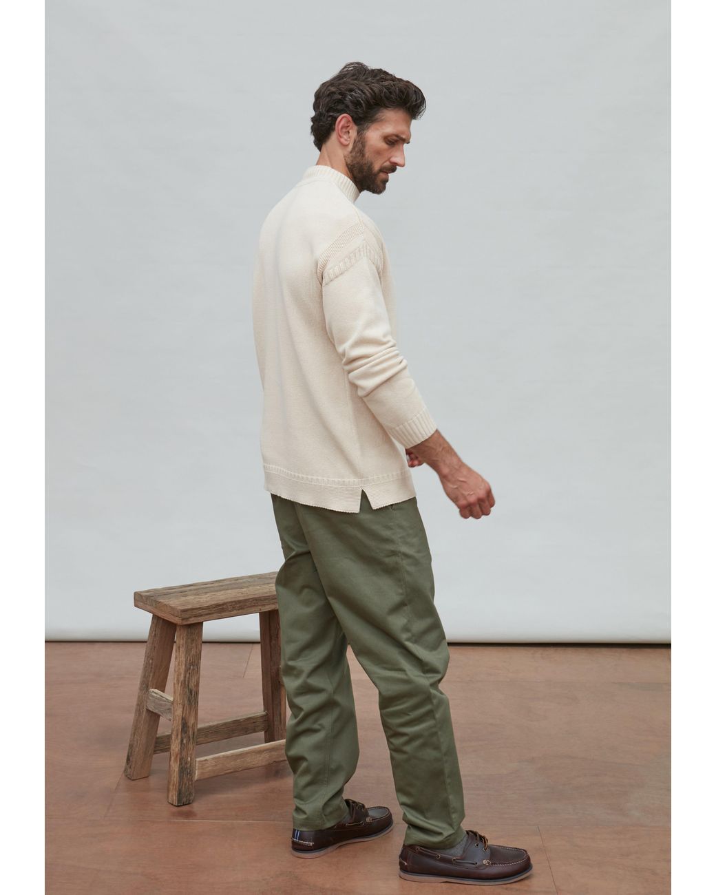 Paul James Knitwear Natural Neutrals Midweight Cotton Linen Sark Mock Neck Gansey Jumper for men