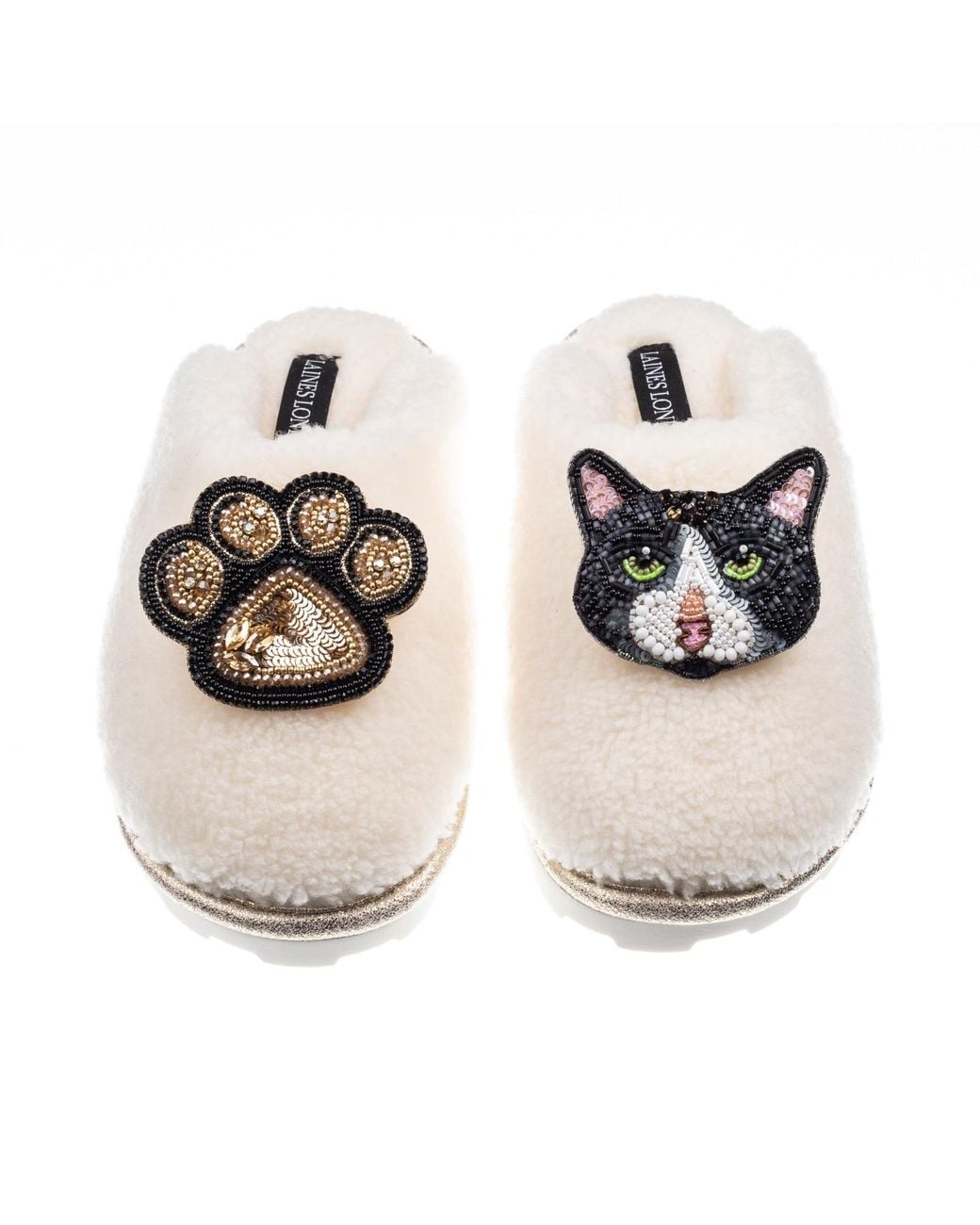 Laines London Metallic Teddy Closed Toe Slippers With Oreo Cat & Paw Brooches