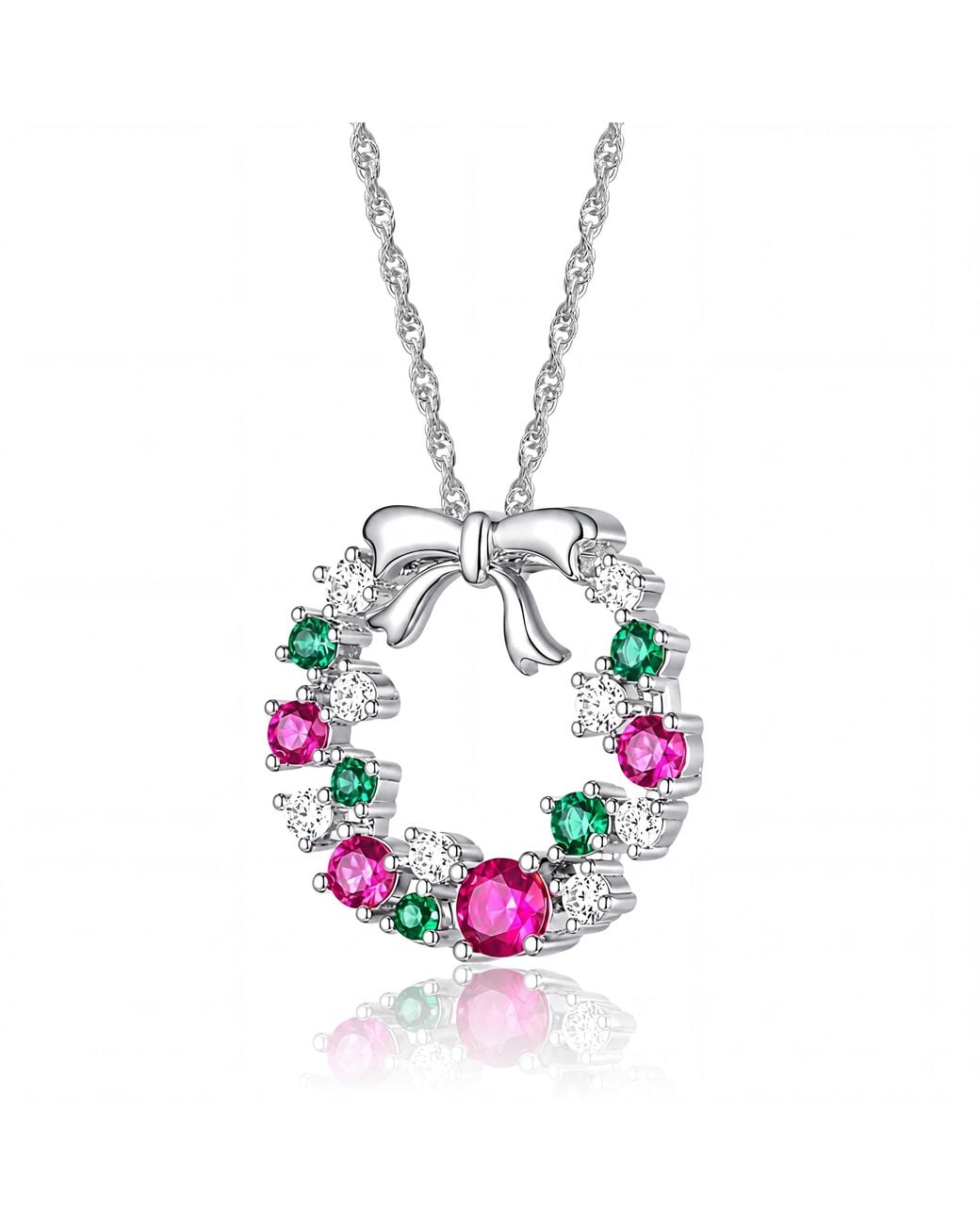 Genevive Jewelry Pink Plated With Colored Cubic Zirconia Wreath Shaped Christmas Pendant Necklace