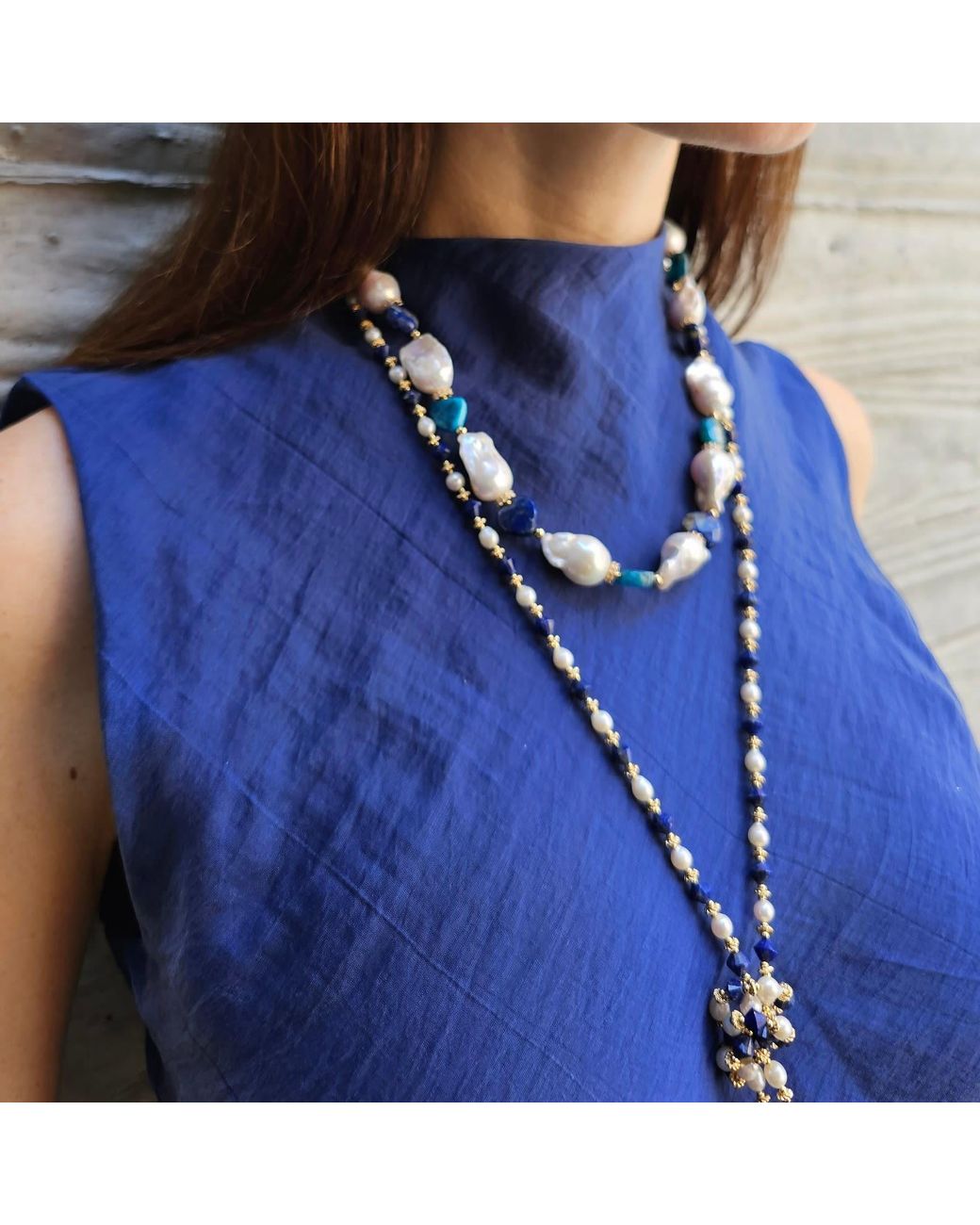 Farra Metallic Pearls And Lapis Versatile Long Necklace