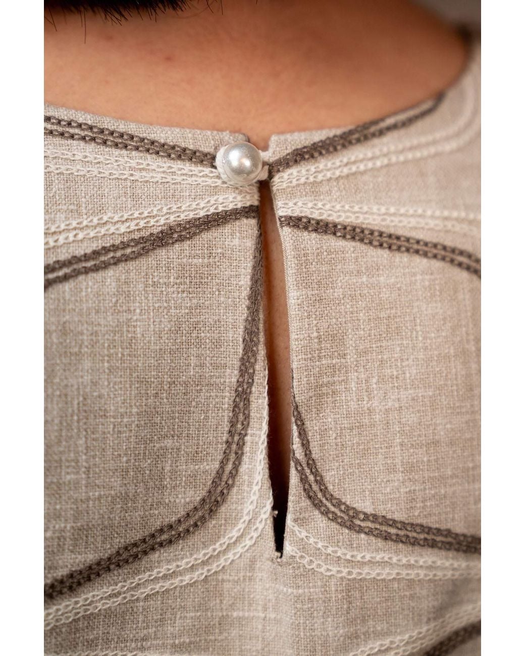 Stovaria Natural Neutrals Embroidered Linen Structured Sleeveless Statement Top