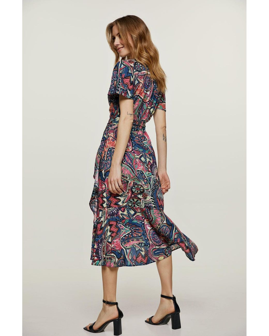 Conquista Blue Print Ruffle Detail Wrap Dress