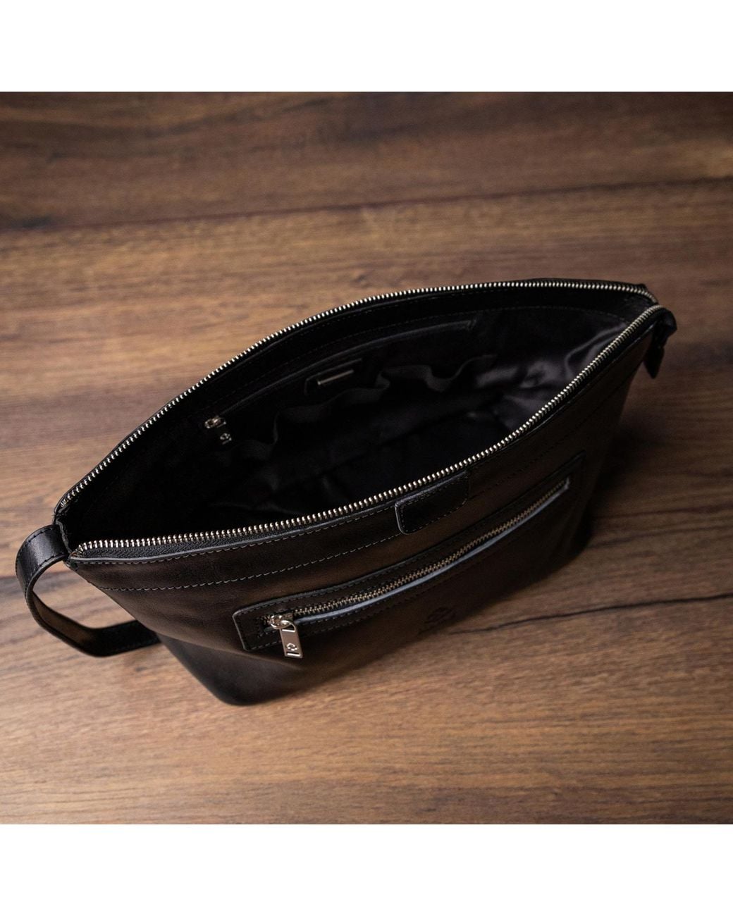 Time Resistance Black Leather Cosmetic Bag Dopp Kit for men
