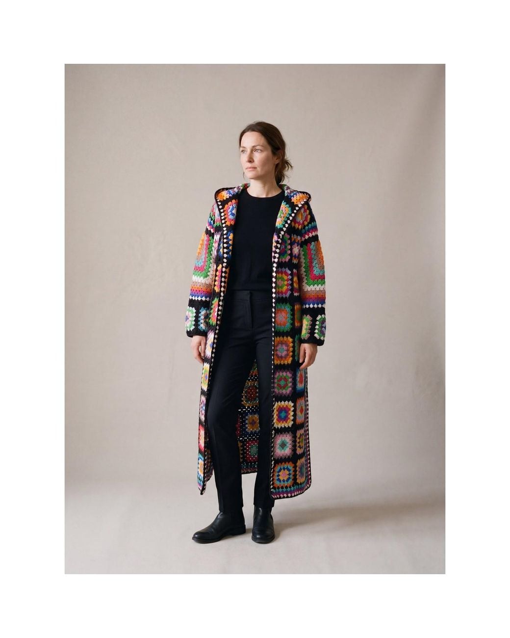 Ana Chic Black Handmade Crochet Hooded Maxi Cardigan
