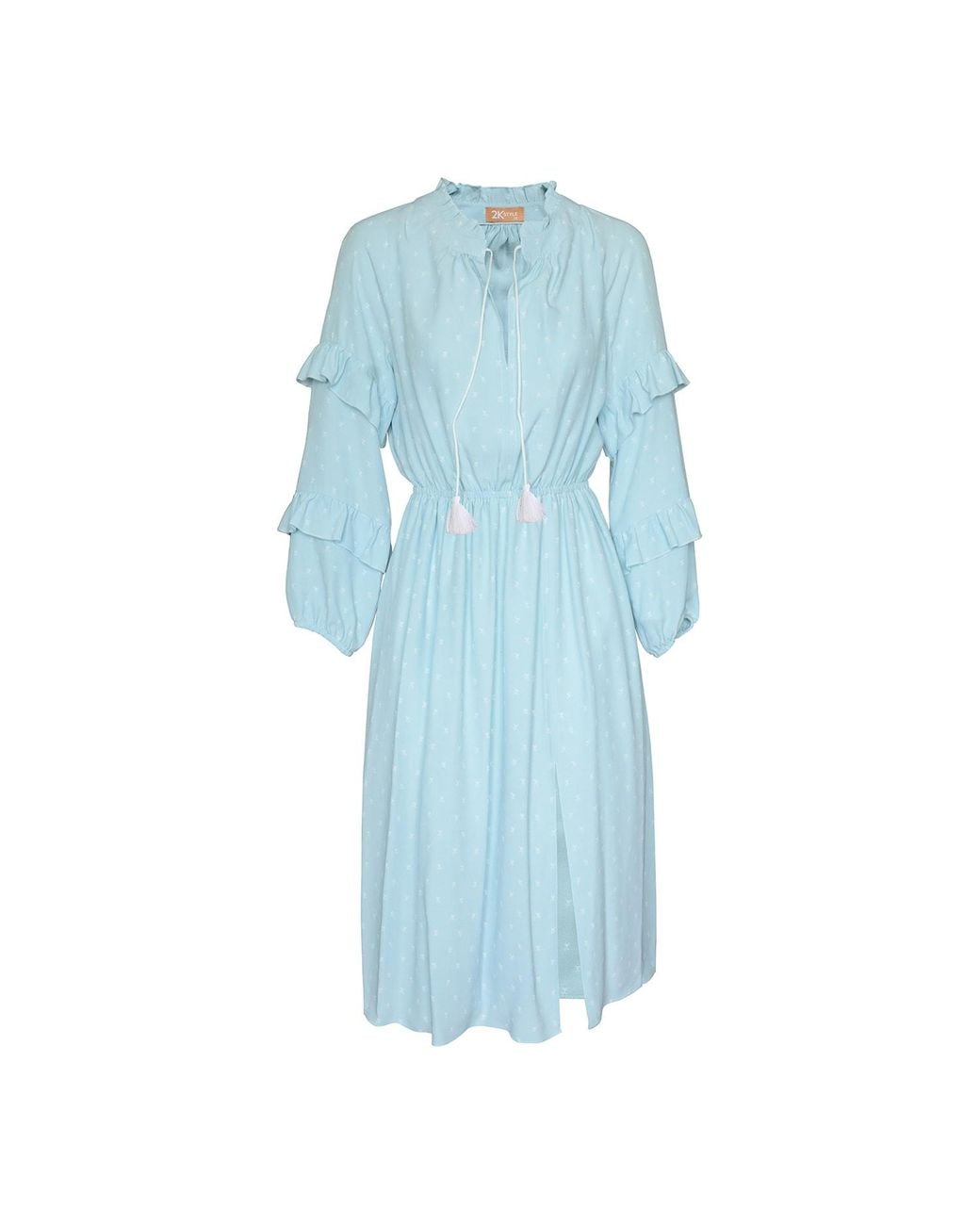 2KStyle Blue Alexa Ruffled Floral Print Viscose Midi Dress With Tassels