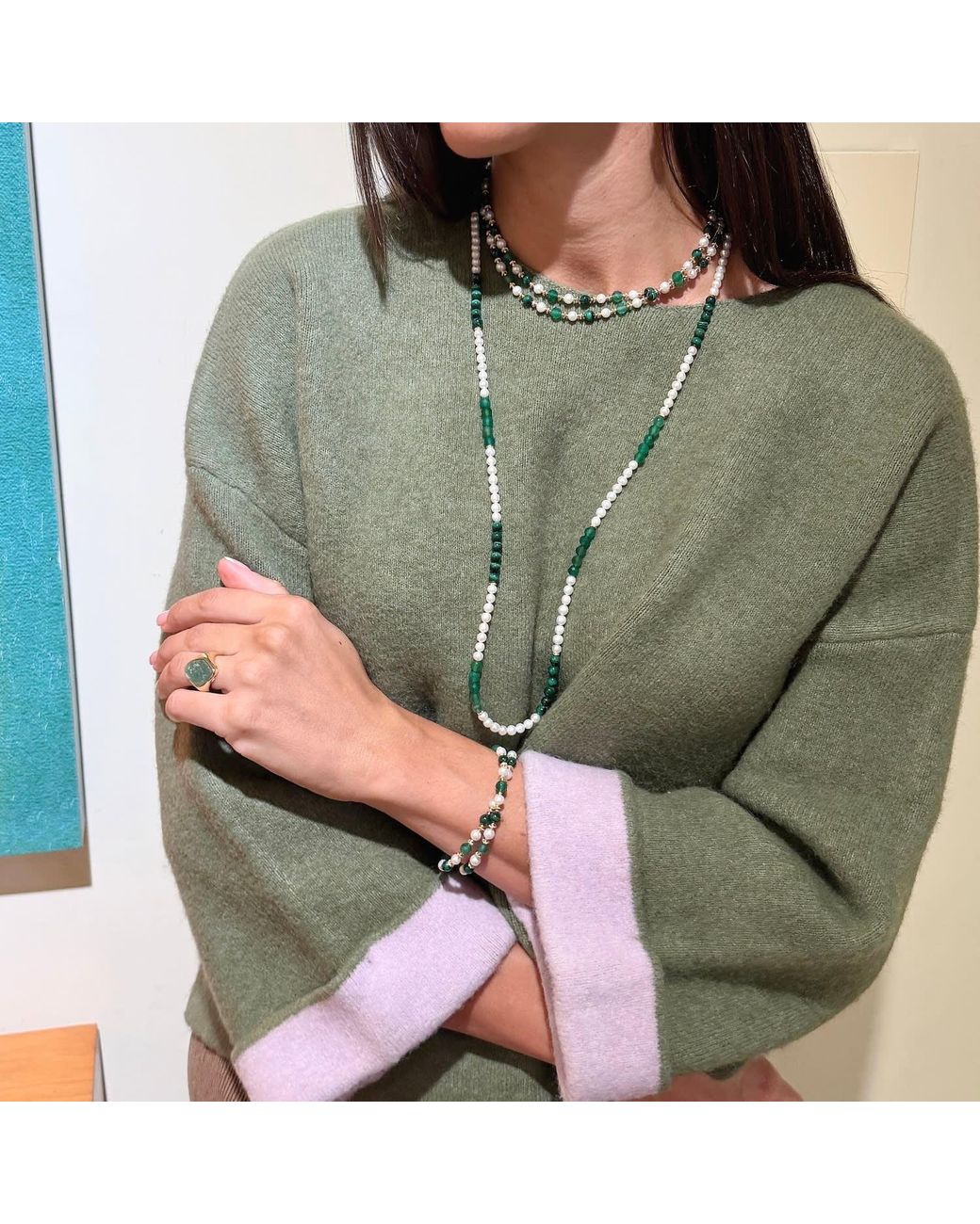 Farra Green Gemstone With Freshwater Pearl Double Layers Bracelet