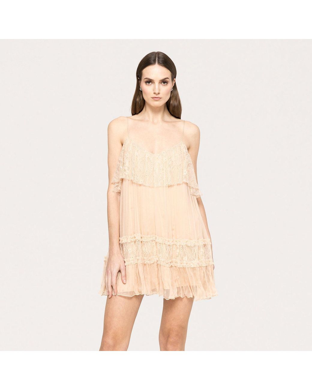 Nissa Pink Neutrals Lace Detail Silk Dress Nude