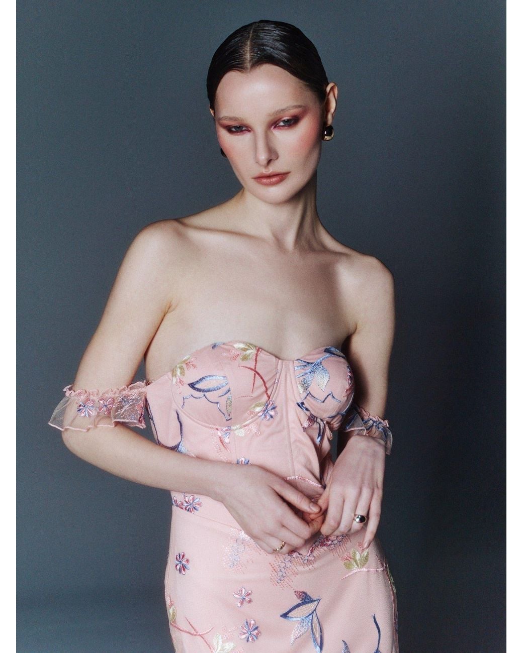 Sour Figs Pink Floral-Embroidered Bustier Maxi Dress