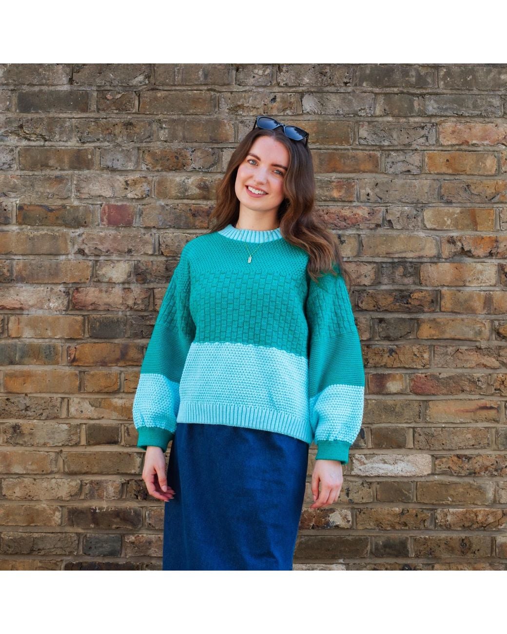 Cara & The Sky Green Taz Colour Block Balloon Sleeve Jumper