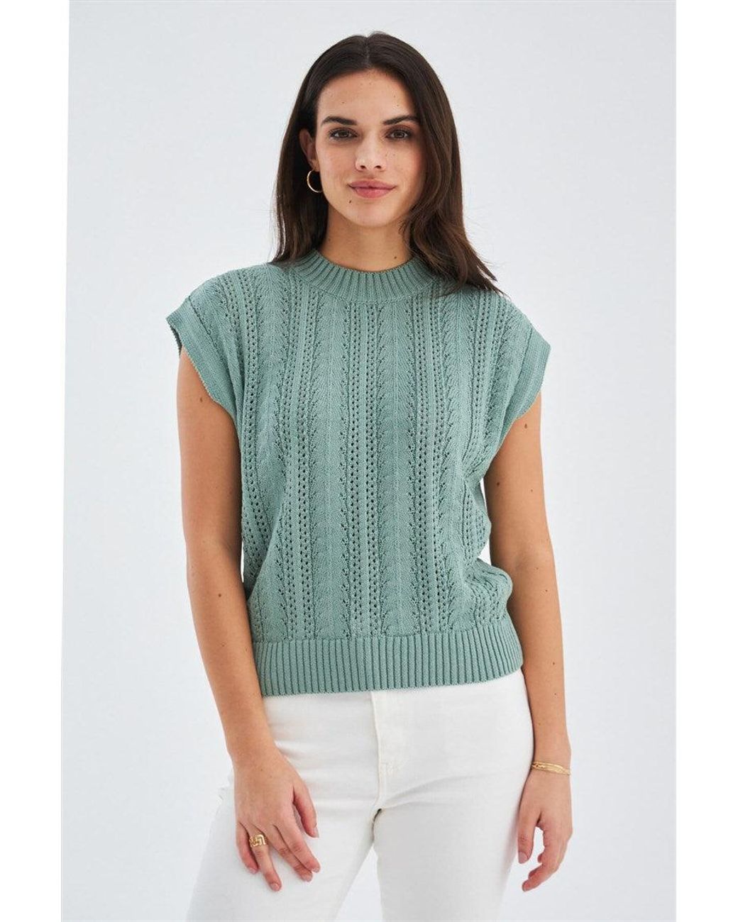 Peraluna Green Sima O-Neck Openwork Knit Blouse