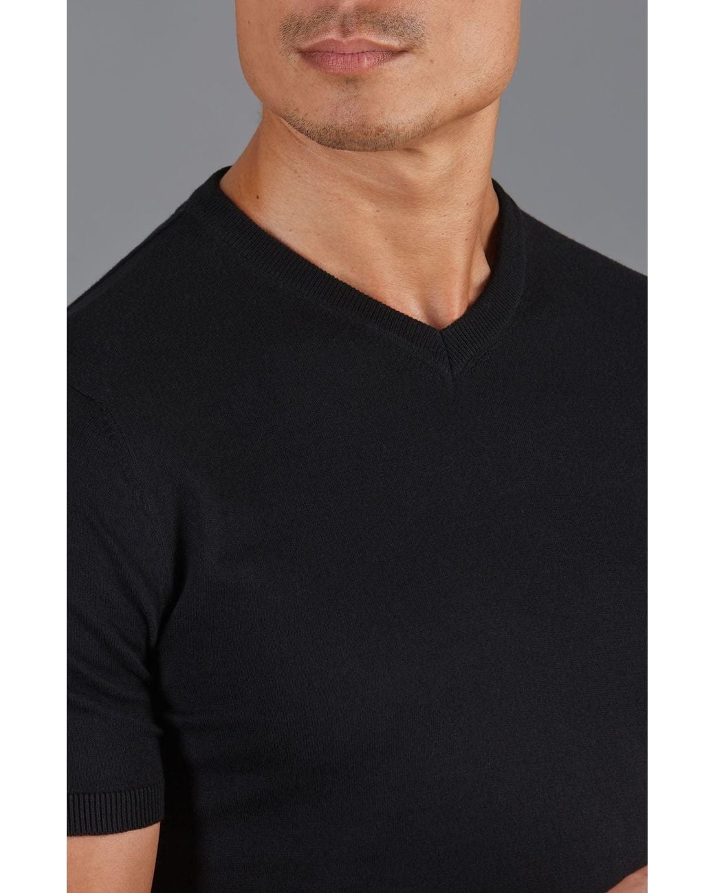 Paul James Knitwear Black Ultra Fine Cotton Hudsonn High V Neck Knitted T-Shirt for men
