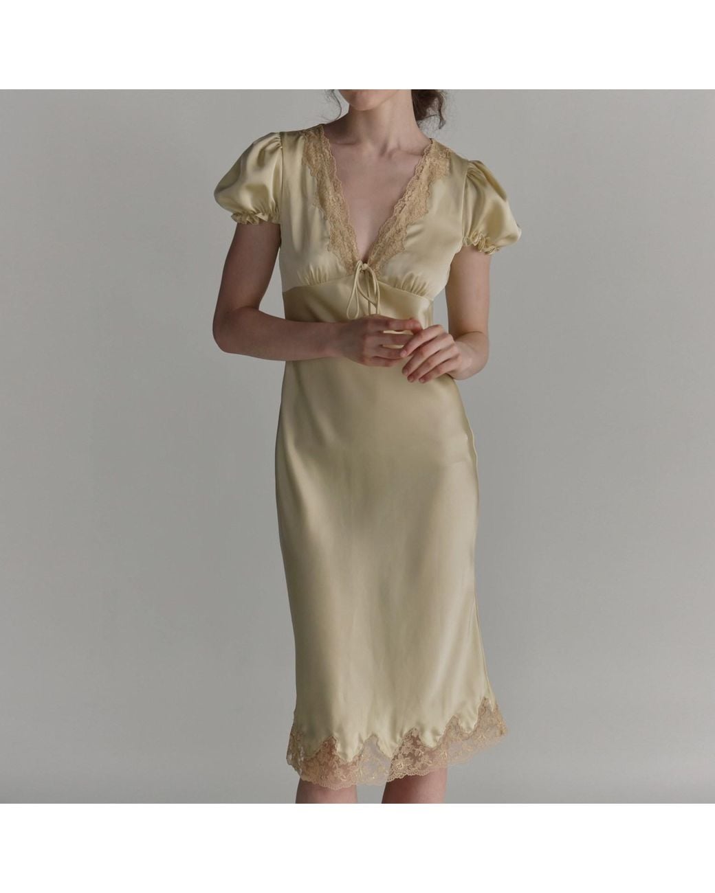 Belsize25 Metallic Lemon Tart Dress – Lace-Trim Bias-Cut Satin Dress