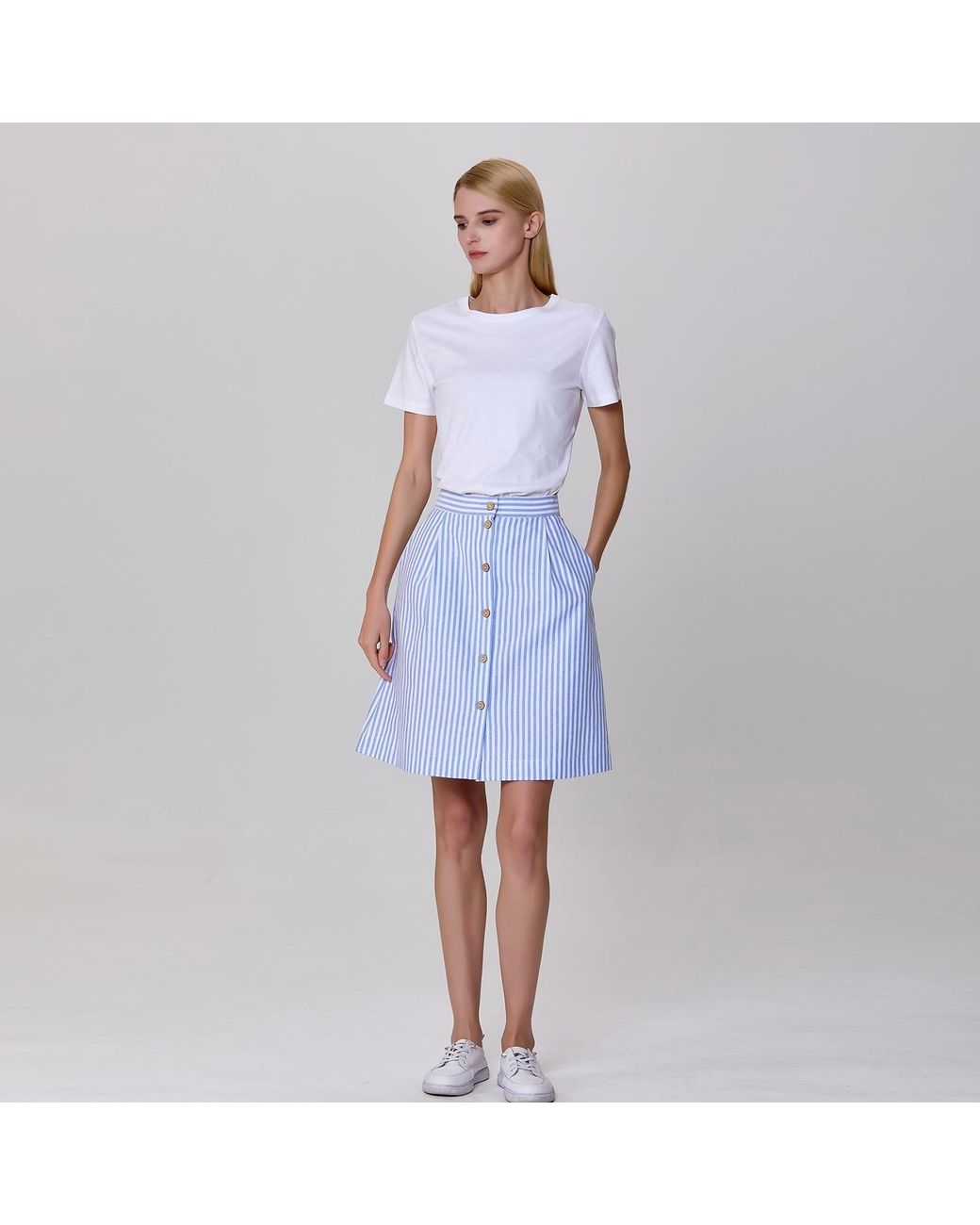 Smart and Joy Blue Striped Short Skirt Buttoned