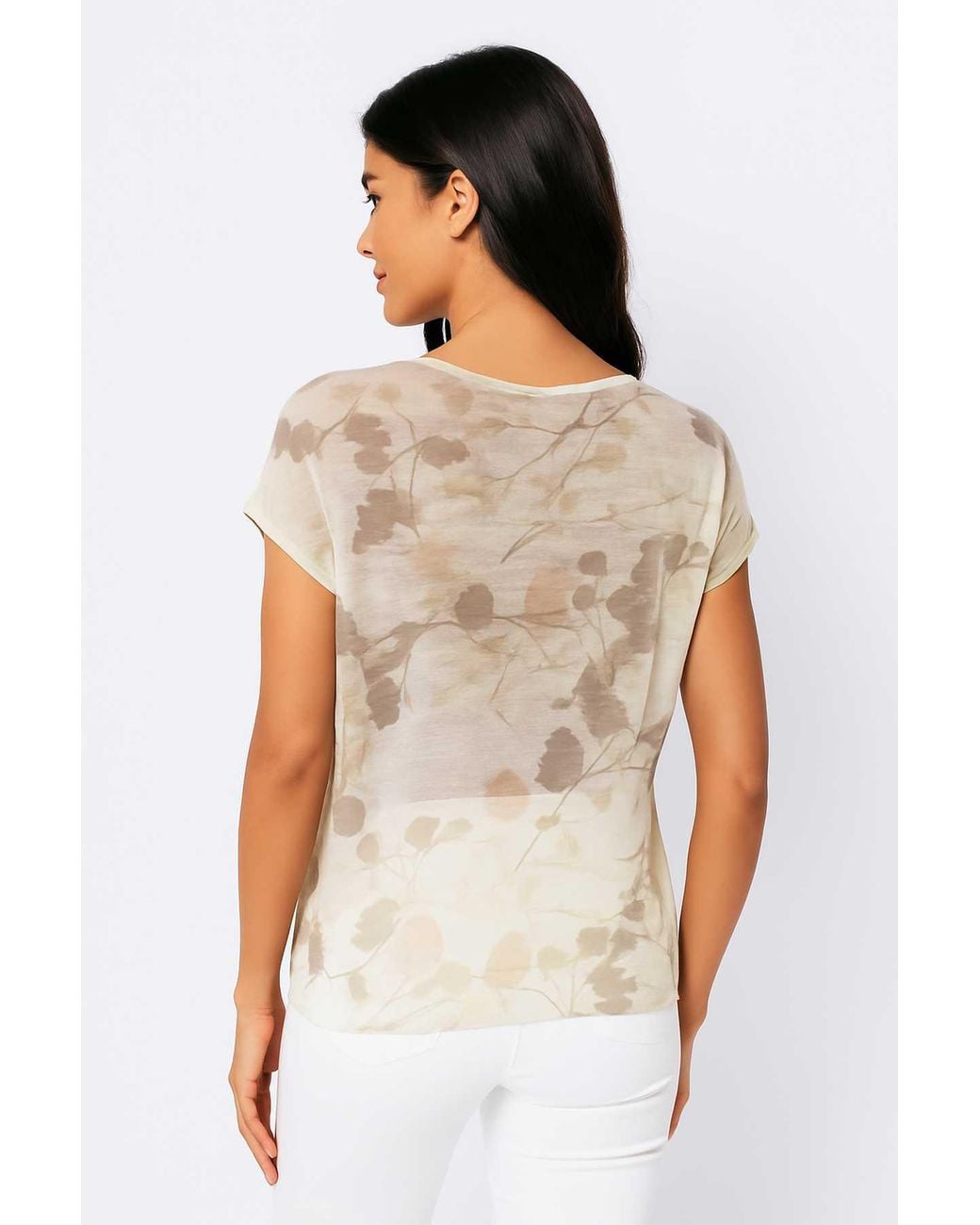Conquista White Sheer Striped Jersey Top With Floral Print