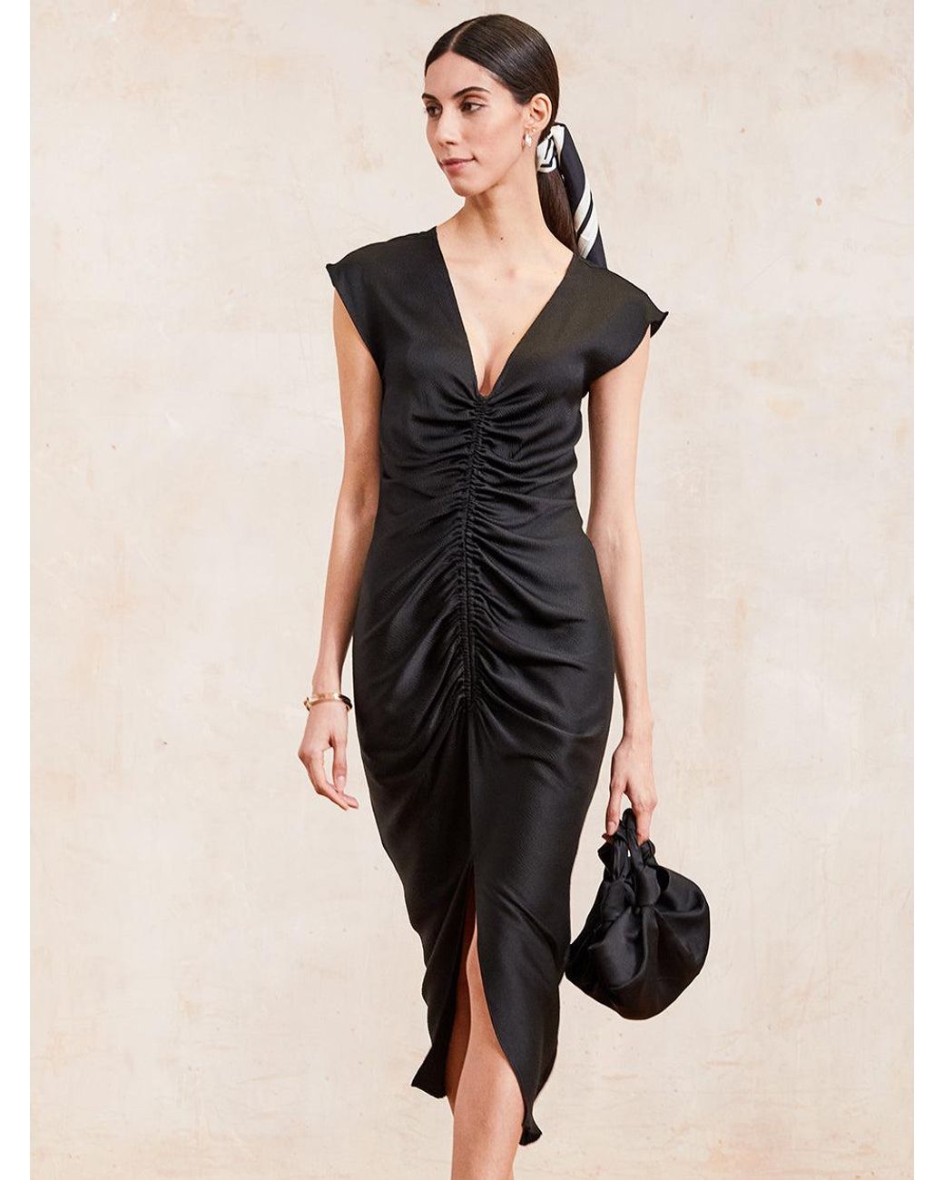 The Summer Edit Black Rudi Hammered Silk Ruched Dress