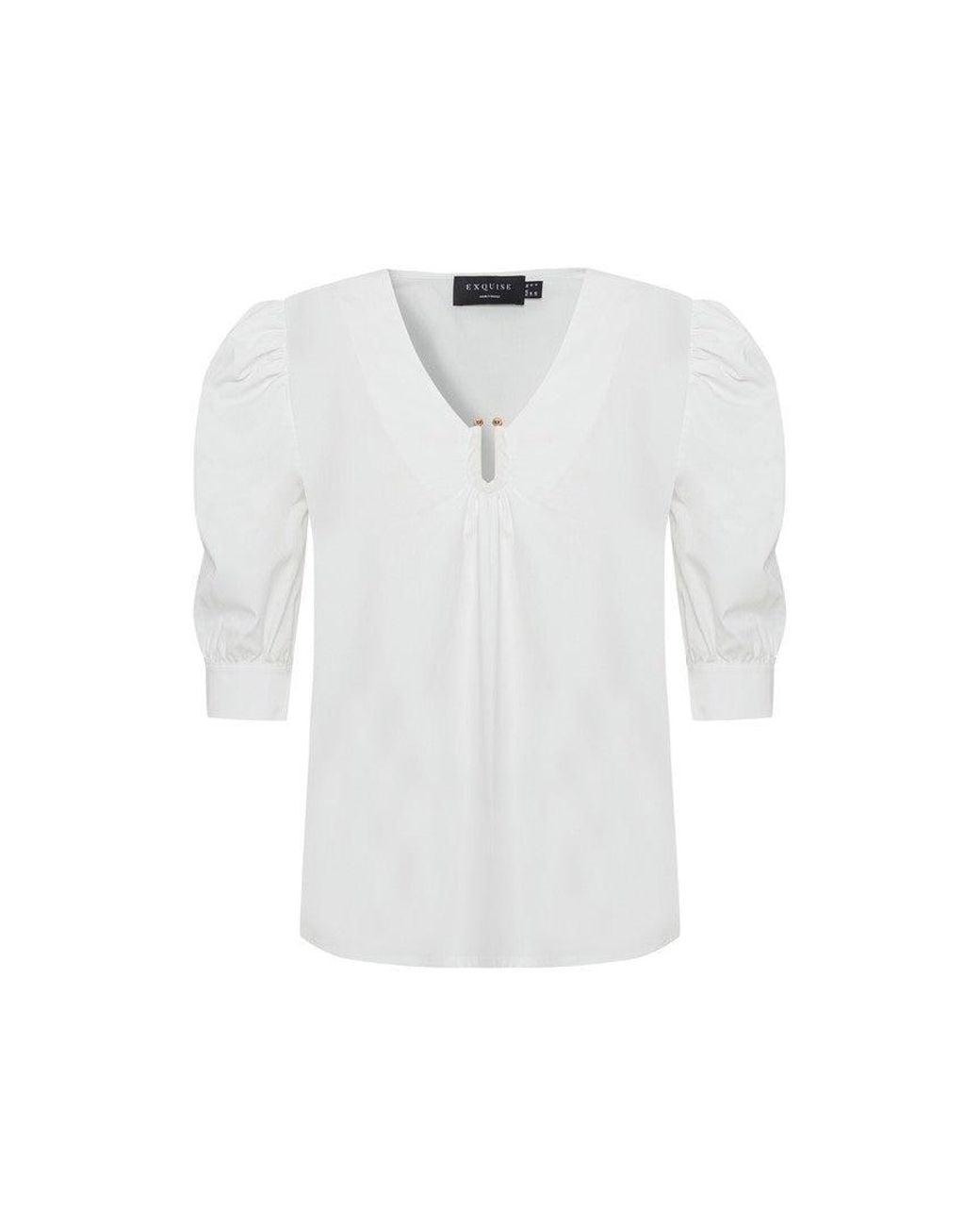 Exquise White Regular Puff Sleeve Poplin Keyhole Blouse