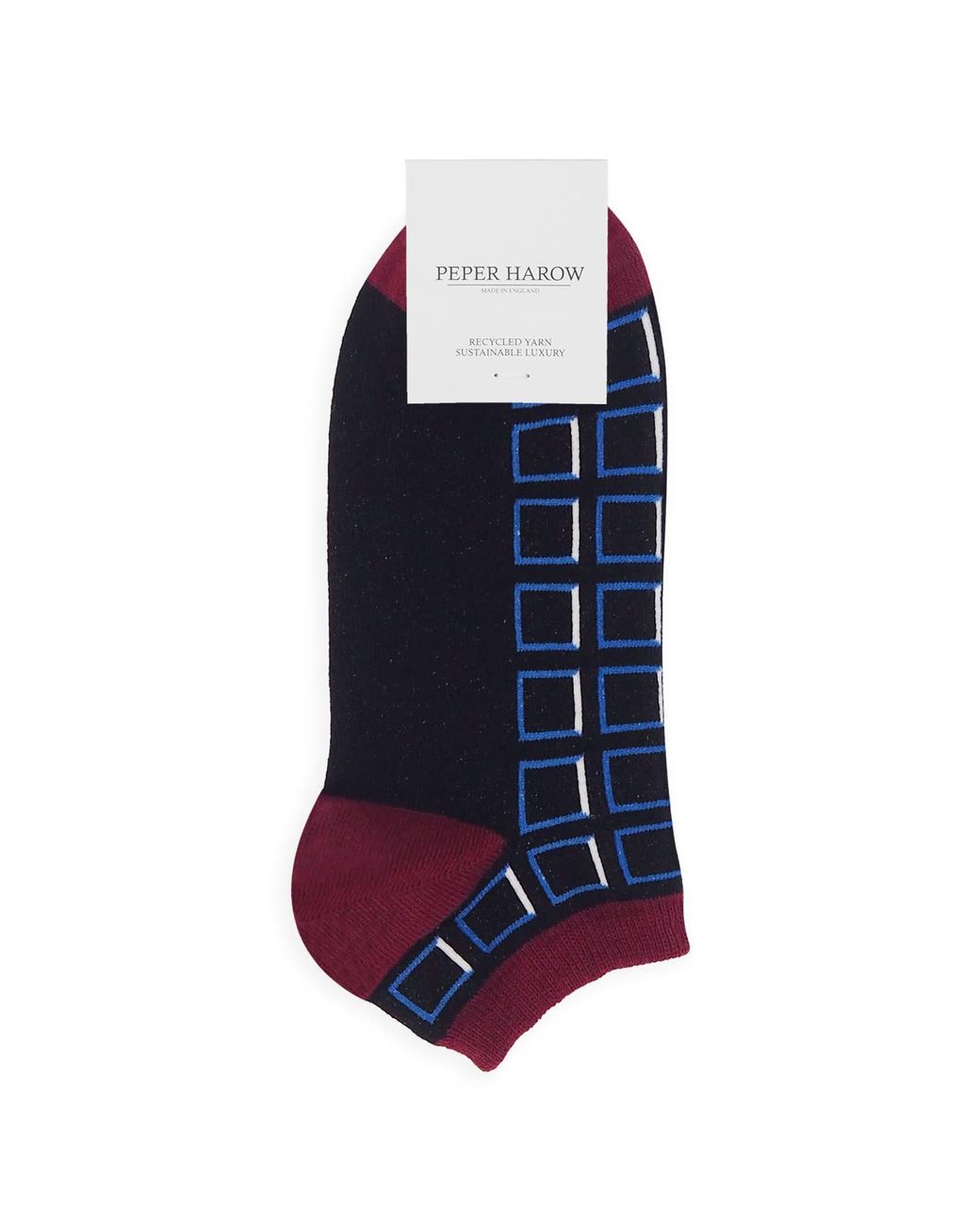 Peper Harow - Made in England Blue Retro Stripe Burgundy & Cube Trainer Socks Bundle for men