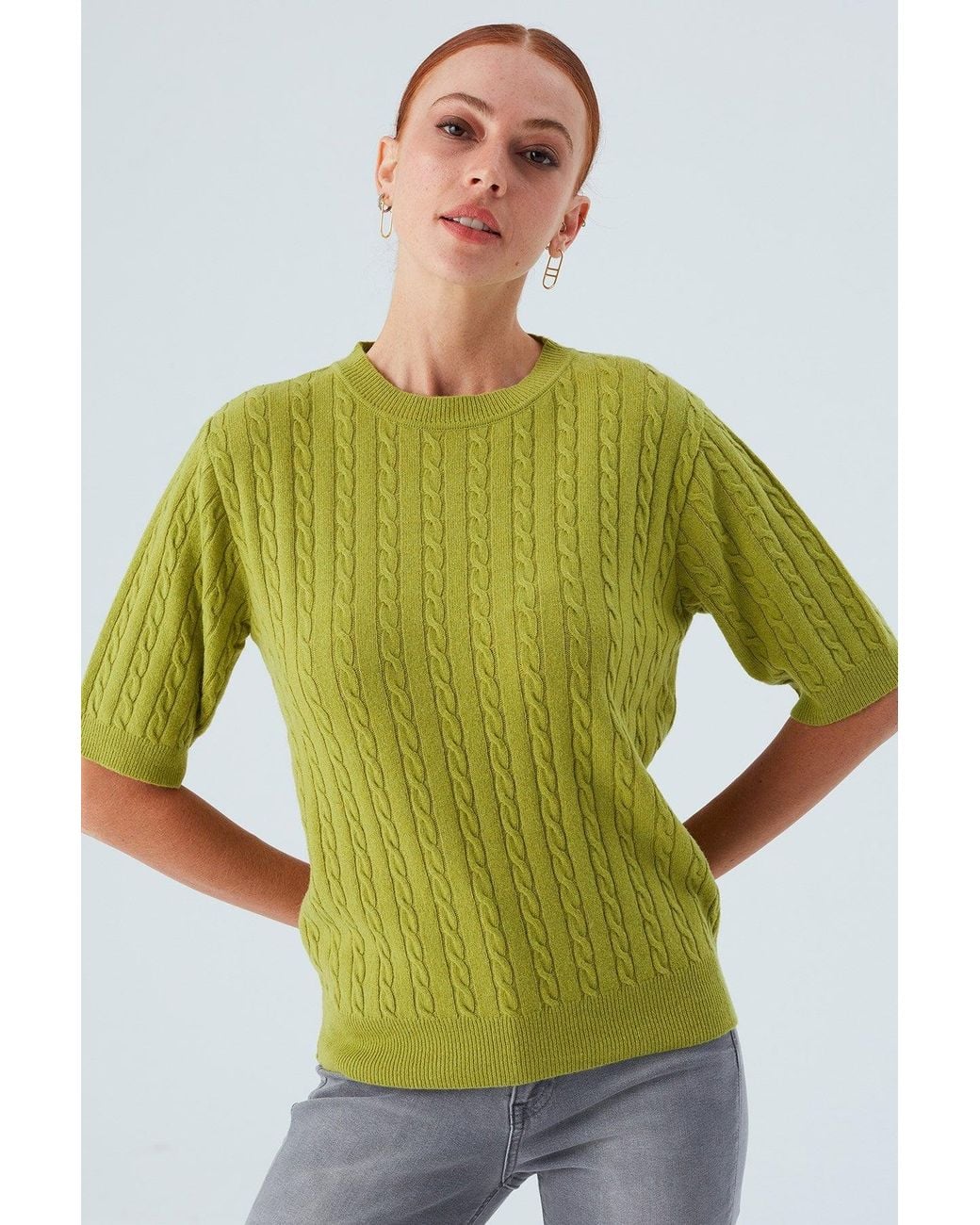 Peraluna Green Nicole Cable Knit Cashmere Blend Short Sleeve Blouse