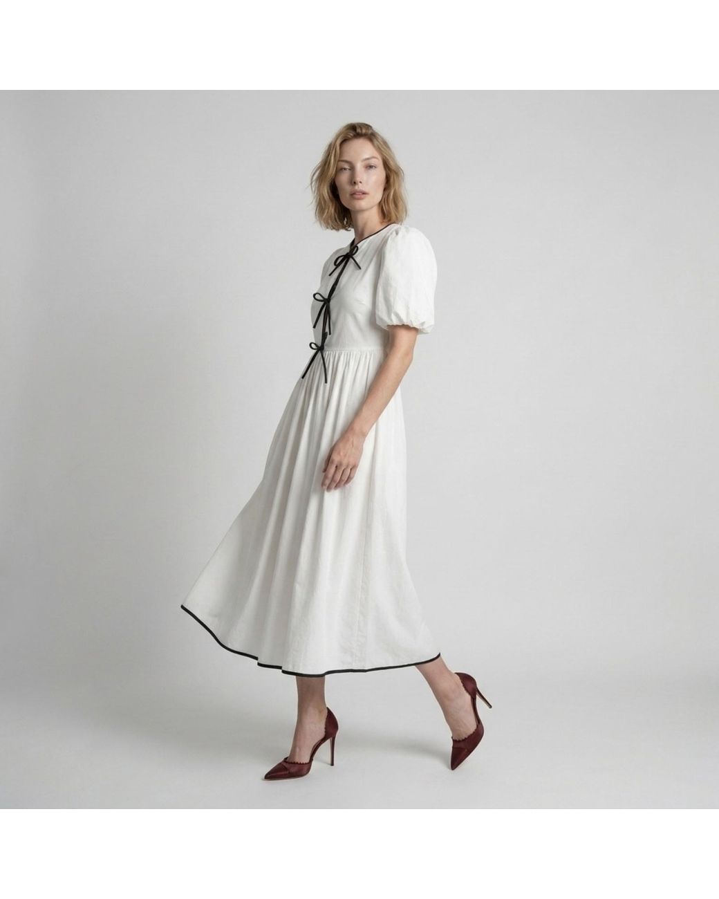 Modenaire White Midi Dress Sculpted Bow Detail