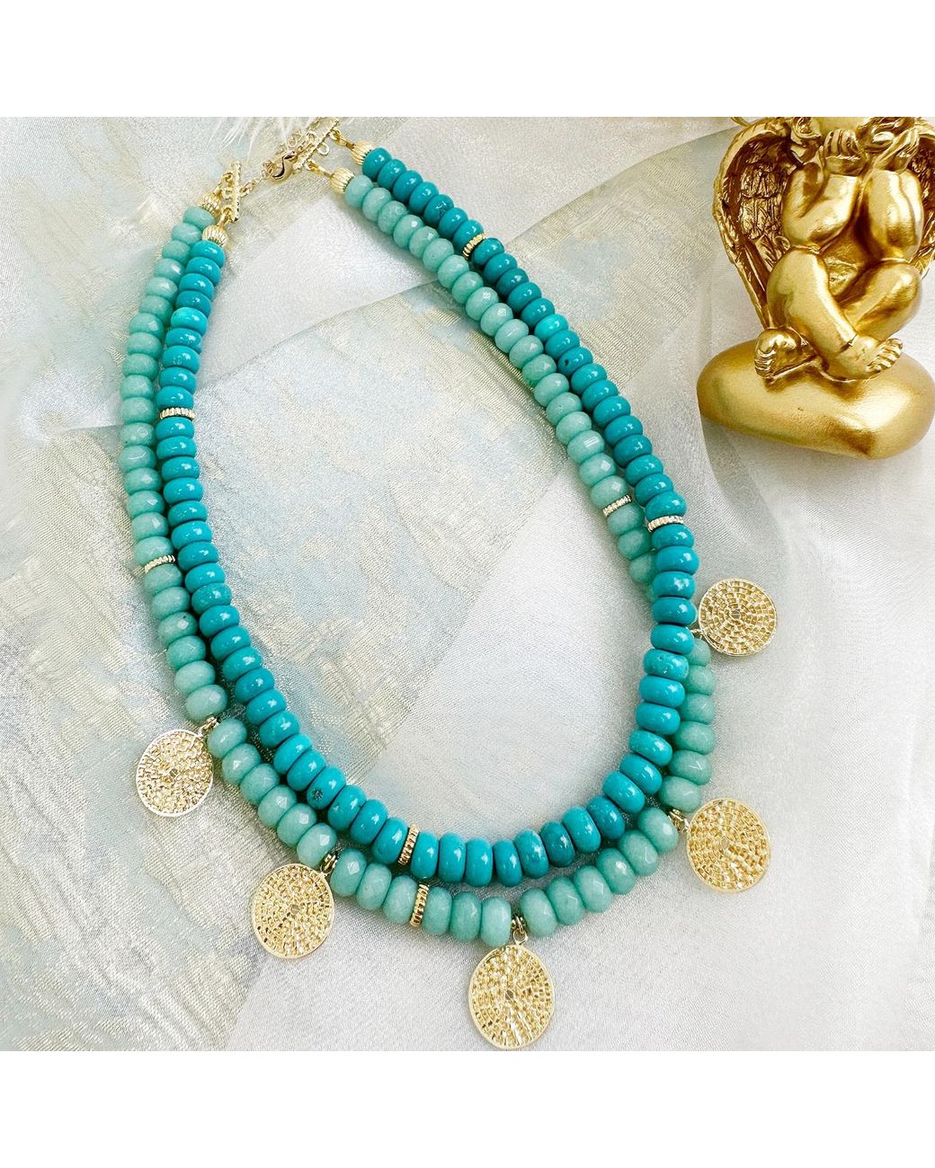 Farra Green Amazonite Double Strands Coin Charm Statement Necklace