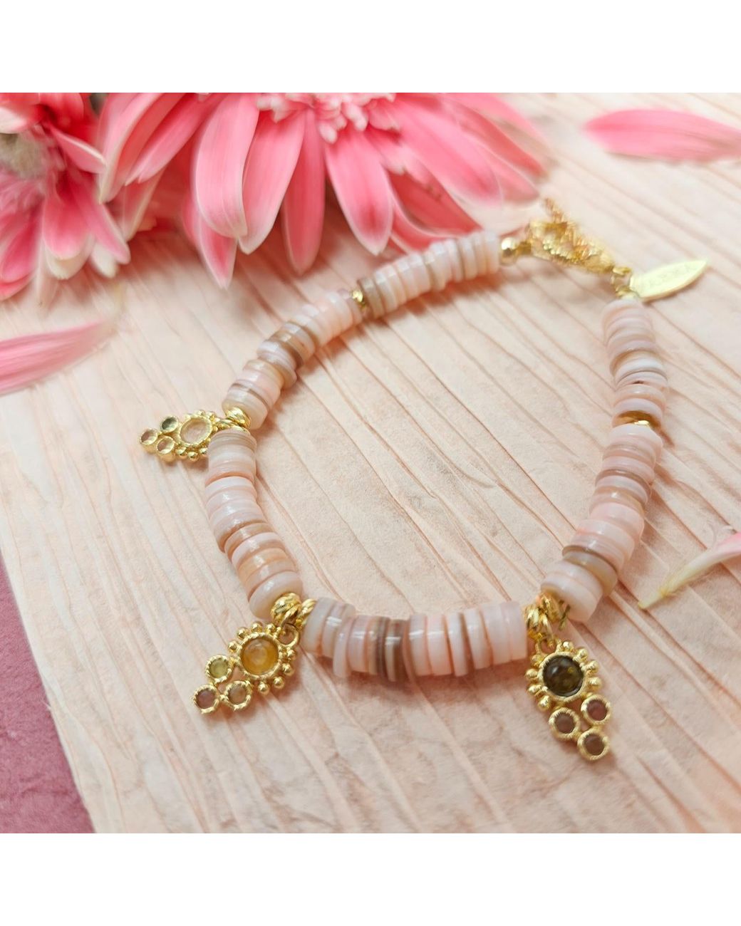 Farra Pink Bohemian Shell With Gemstone Charms Bracelet