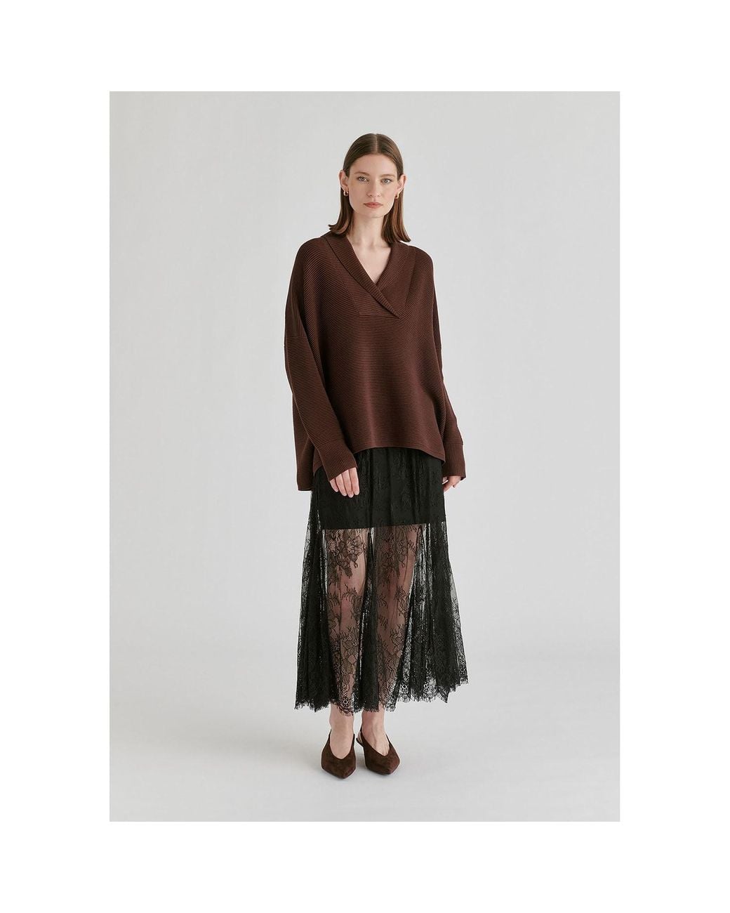Paisie Brown Shawl Collar Ribbed Jumper