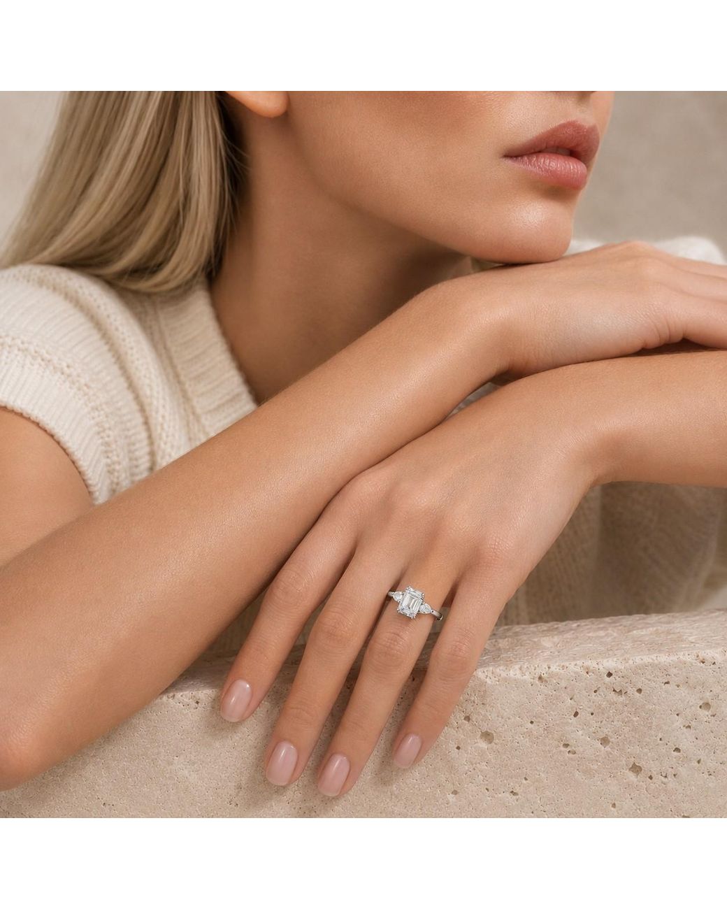 Juvetti White Ailes Diamond Emerald-Cut & Pear Side Diamonds Ring