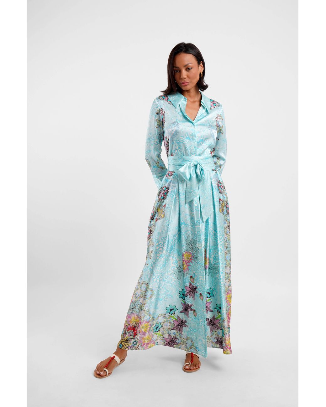 Jessica Russell Flint Blue Belted Maxi Shirt Dress Floral Medley