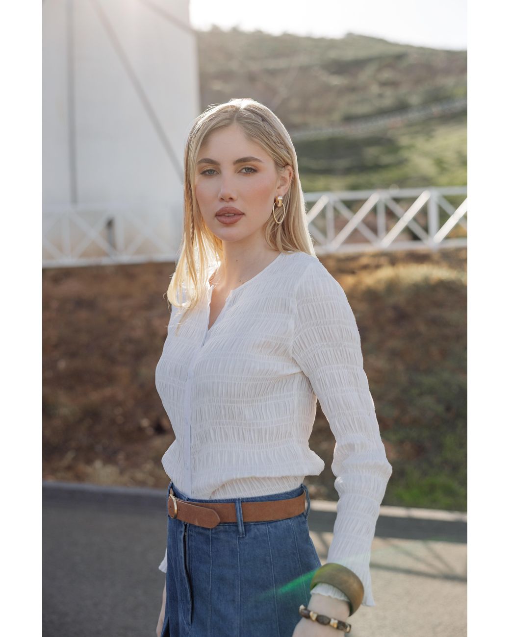 Rave on Trend White Ruched Button-Down Top