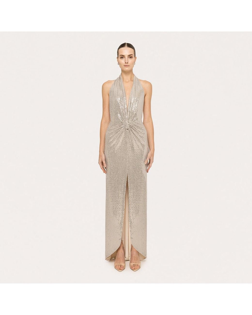 Nissa Natural Backless Sequin Maxi Dress