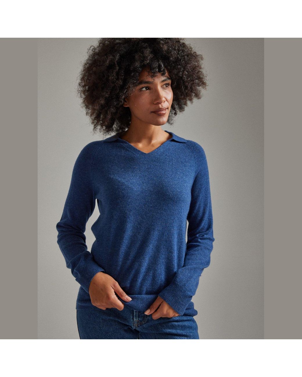Salts Cashmere Blue Split Neck Polo Sweater