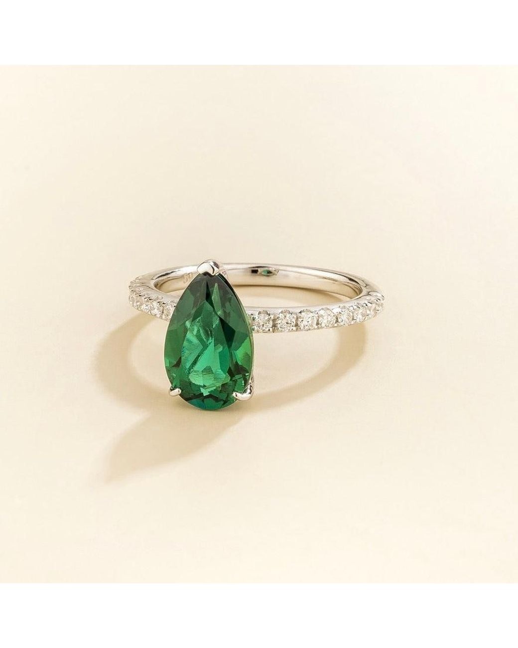 Juvetti Green Ostry Emerald Pear-Cut & Diamond Pave Shoulder Ring