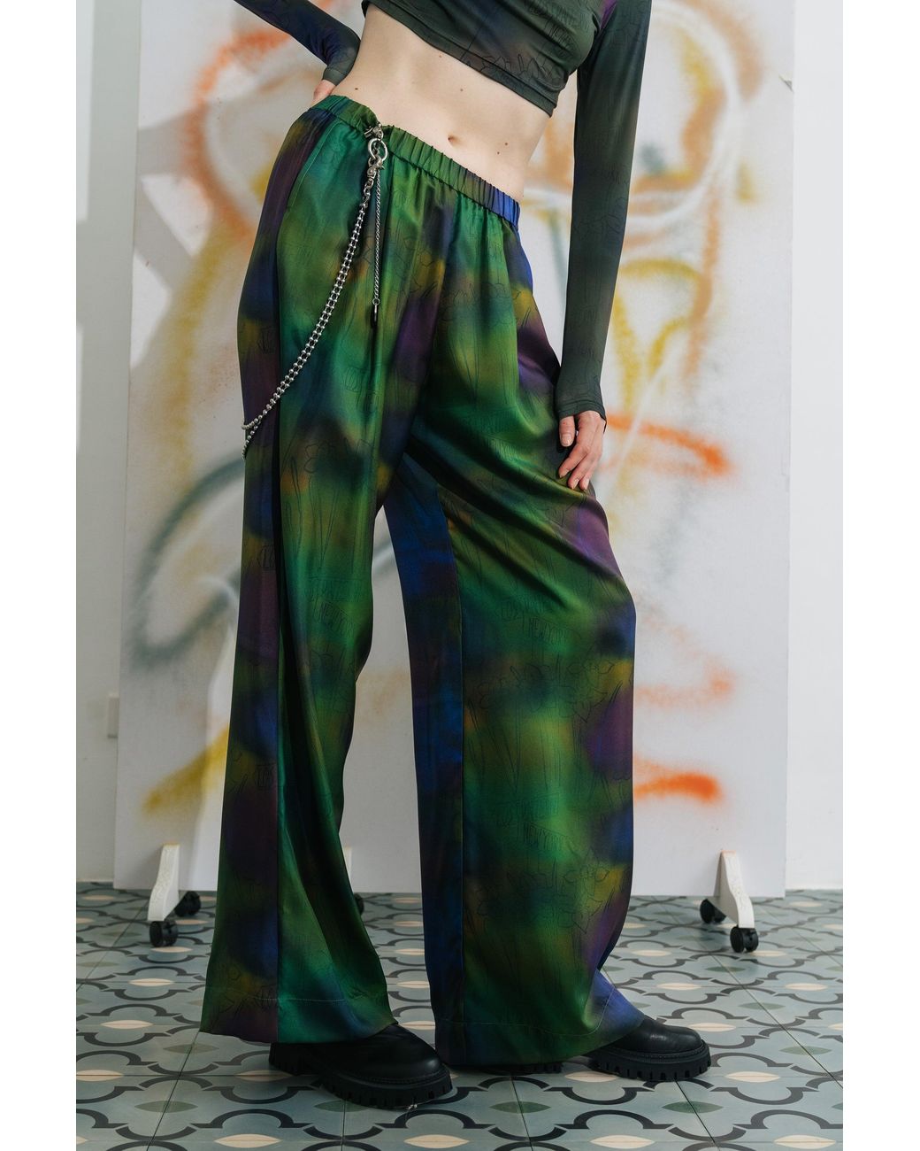 Lost Pattern Green Brooklyn Silk Wide Leg Pants