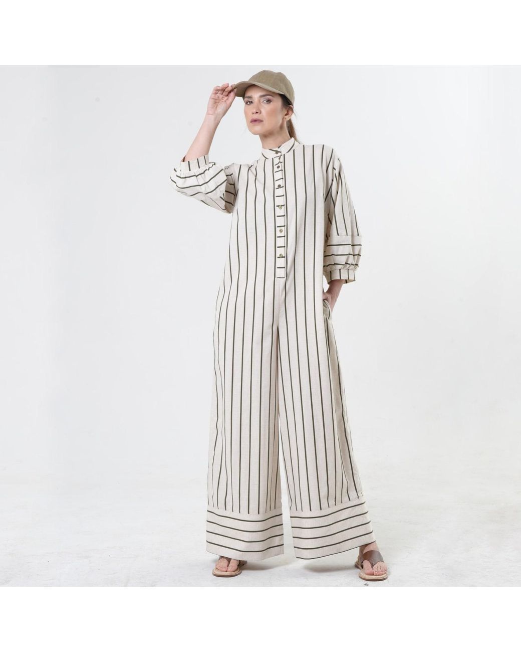 Metamorph White Maxi Jumpsuit On Khaki Stripes