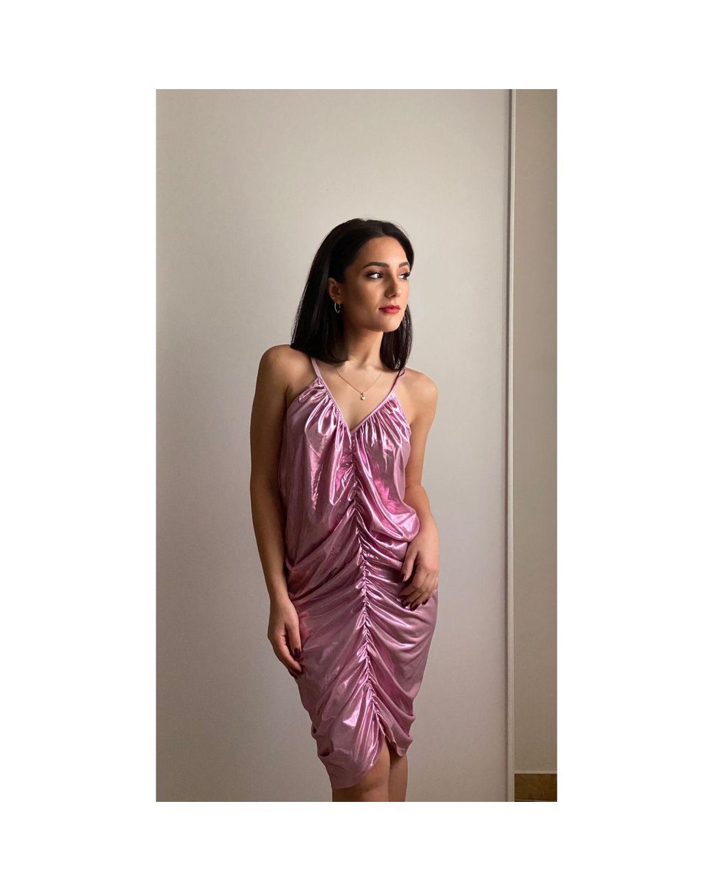 Sour Figs Pink Metallic Ruched Mini Dress