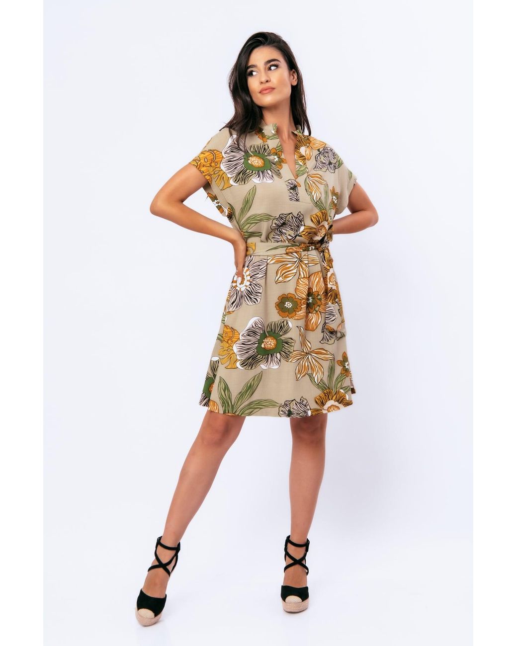 Conquista Metallic Linen Style Bold Floral Print Dress With Mandarin Collar
