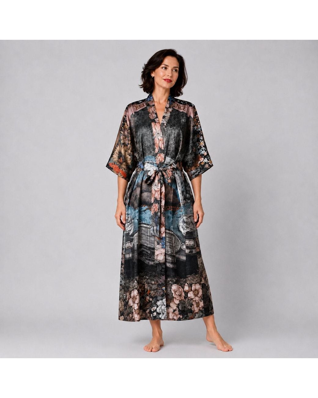 Wenzi Purple Return To Silence Double Sided Mulberry Silk Kimono Robe Reversible Luxury Floral Bear Bird Print Long Robe