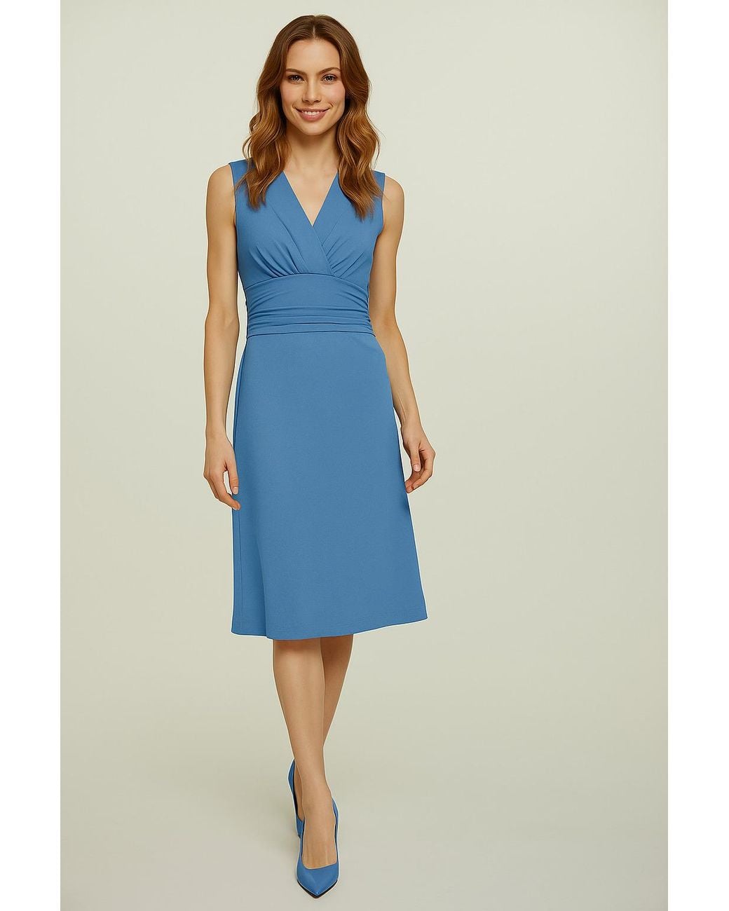 Conquista Blue Sky Sleeveless V-Neck Wrap Dress – Soft Viscose Jersey