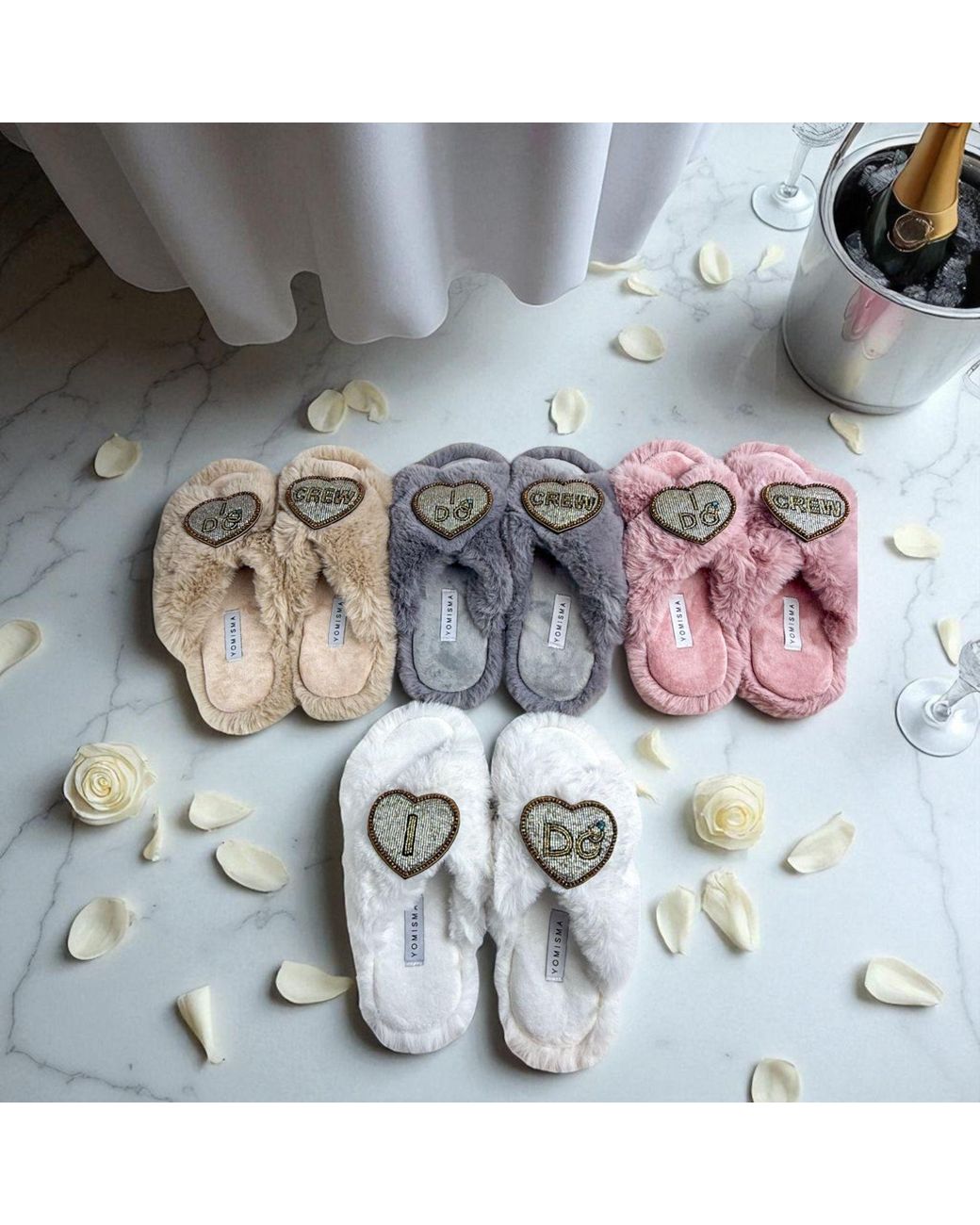 Yomisma Metallic Neutrals Eco Faux Fur Slippers – Recycled Faux Fur + I Do Crew Wedding Removable Hand Beaded Brooches
