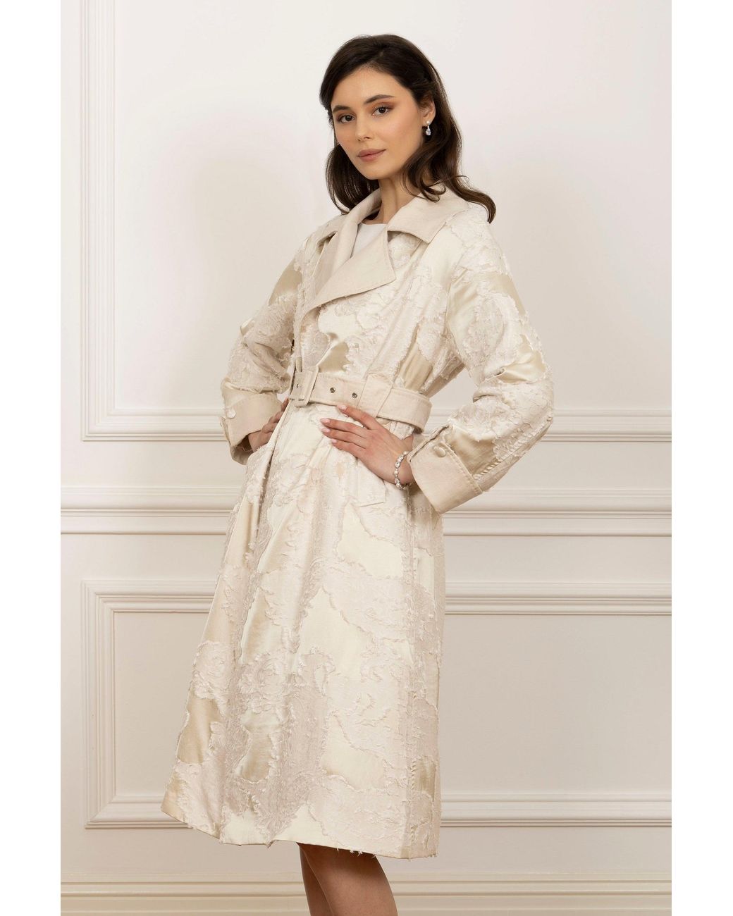 Santinni Natural Neutrals Charmed Satin Jacquard Trench Coat