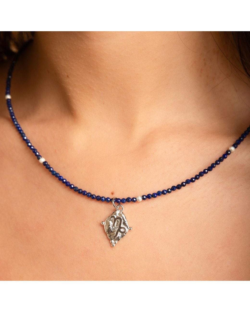 Seven Saints Metallic Capricorn Gemstone Choker Necklace, Lapis Lazuli, Rhodium Plated