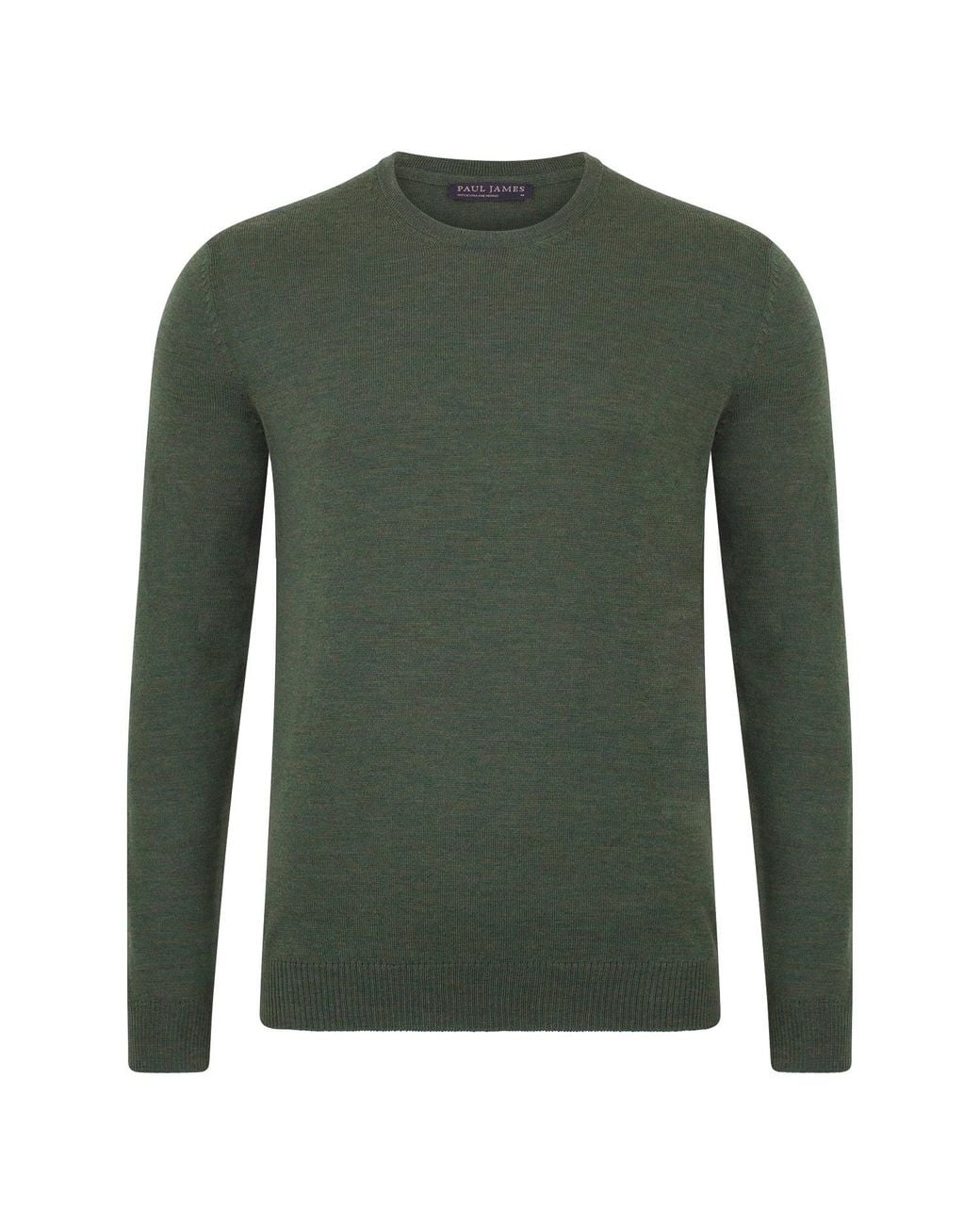 Paul James Knitwear Green Extra Fine Merino Wool Callington Crew Neck Jumper for men
