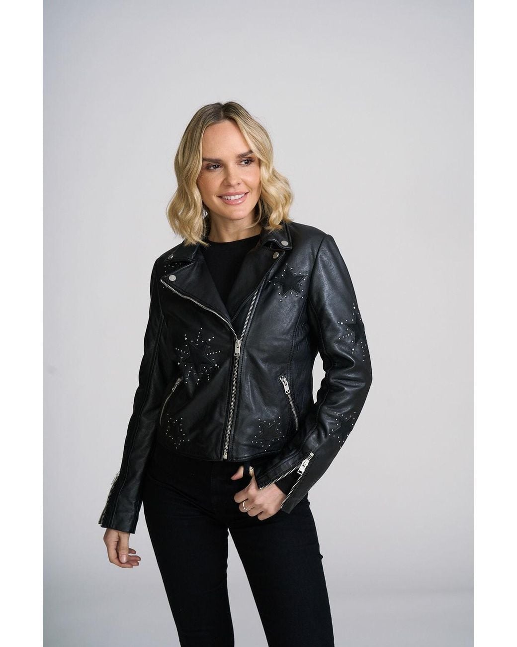 Mauritius Black Leather Moto Jacket With Star Appliqués & Studs Soraya