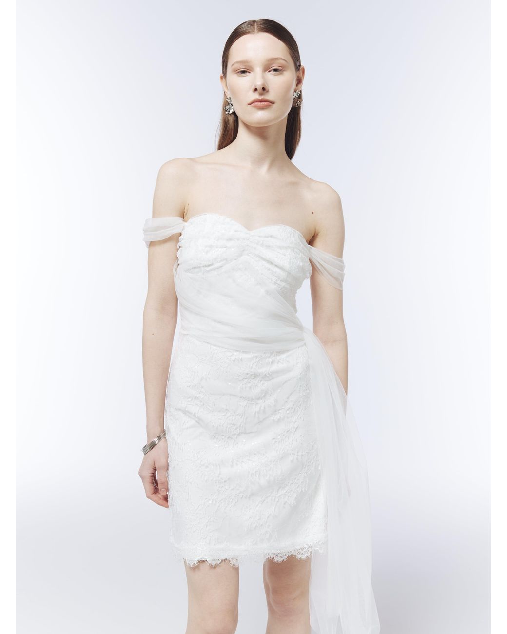 Sour Figs White Sequinned Lace Off-Shoulder Draped Mini Dress