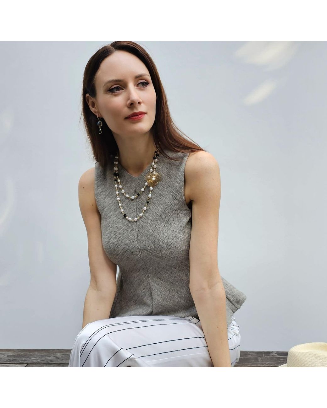 Farra White Freshwater Pearls And Obsidian With Flower Charm Long Necklace