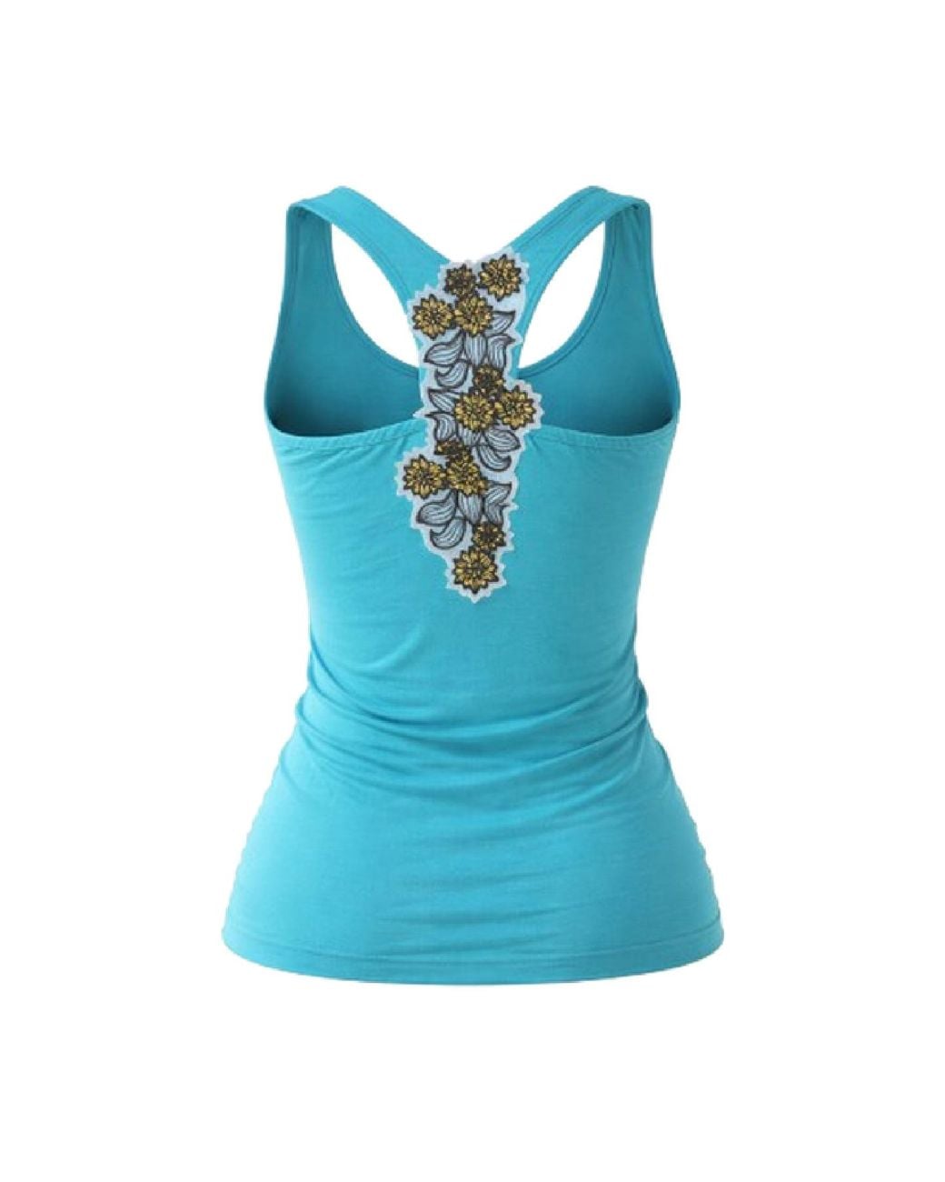 Conquista Blue Racerback Stretch Top With Ruched Front & Embroidered Back Detail