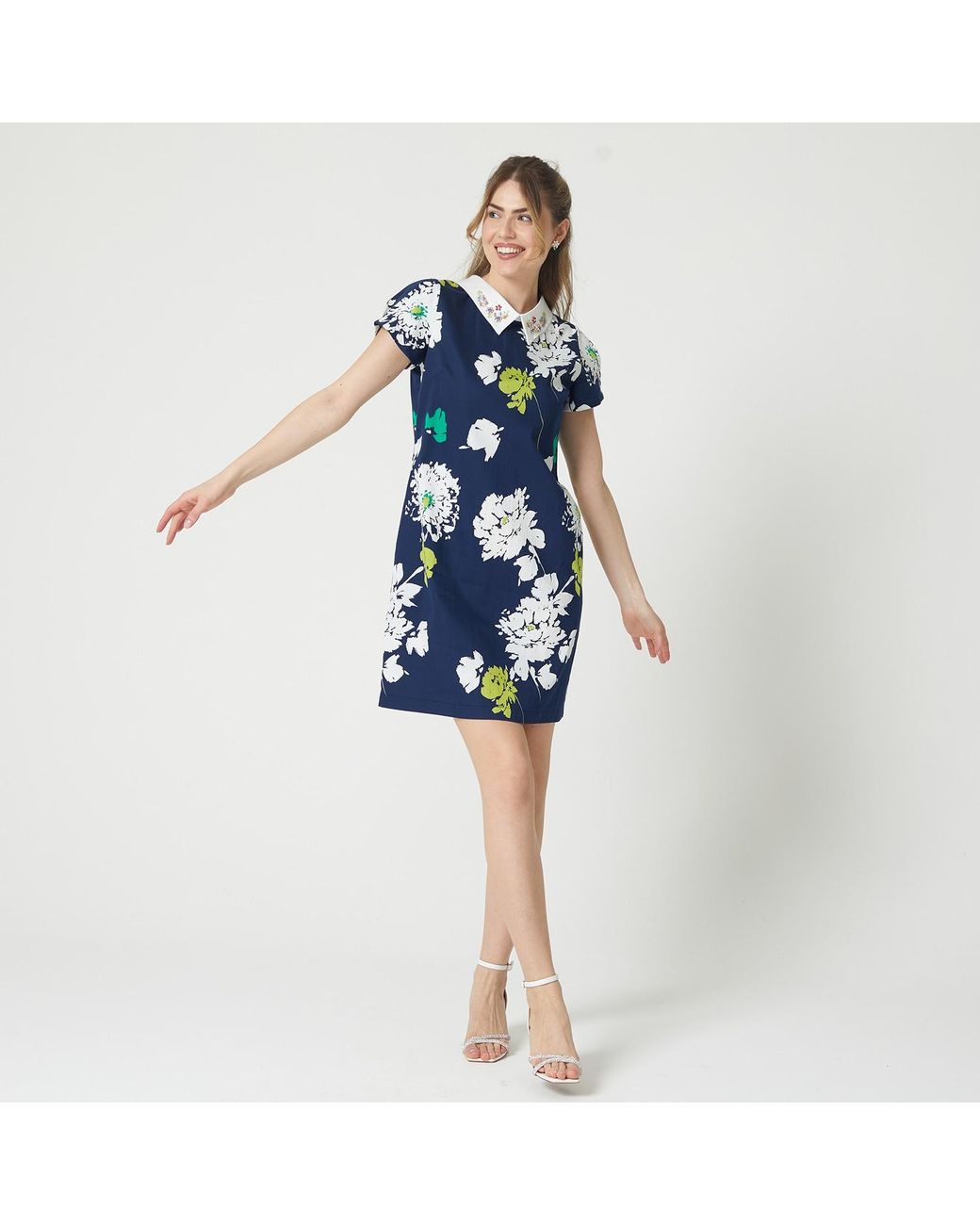 Lalipop Design Blue A-Line Mini Dress With Bead Embroidered Collar